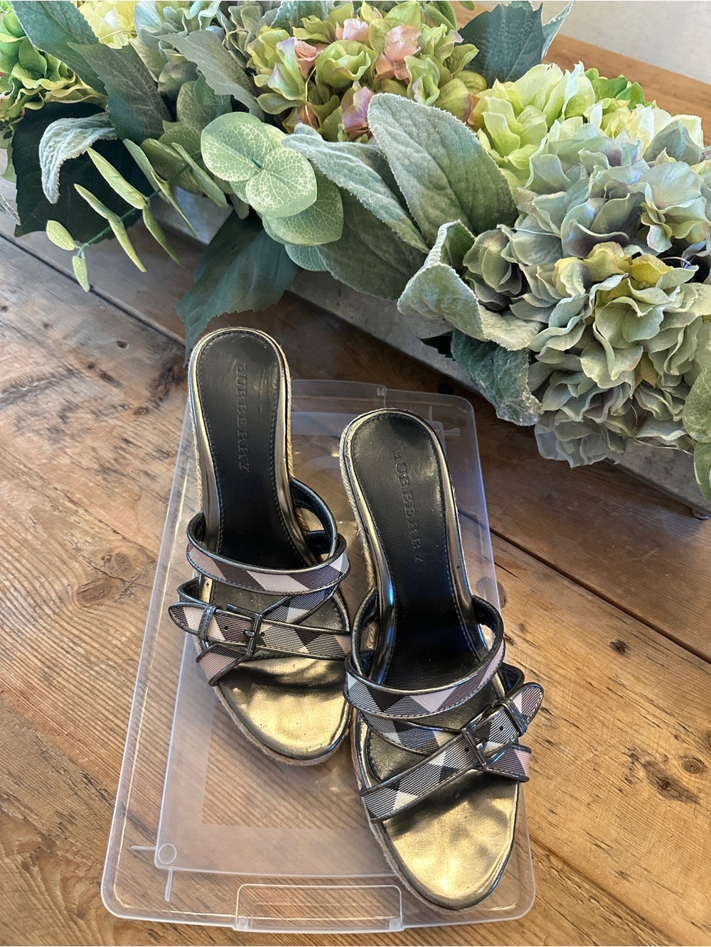 Authentic Burberry Black and Beige Check Slip-On wedge Heeled Mules espadrille
